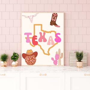 Arte de Texas, impresión de Texas, impresión retro de Texas, decoración rosa de Texas, chica de Texas, póster de Texas, arte de pared de Texas, decoración de Texas, letrero de Texas, regalo de Texas