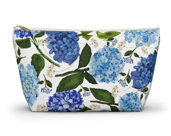 Floral travel bag, hydrangea cosmetic bag, flower pencil case, blue floral Accessory Pouch, makeup bag, toiletry bag, Gifts for mom grandma