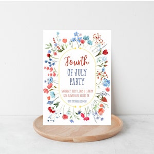May include: A white card with a floral border in shades of red, blue, and green. The text on the card reads "Fourth of July Party" with the date and time of the party below.