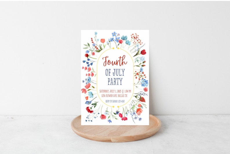May include: A white card with a floral border in shades of red, blue, and green. The text on the card reads "Fourth of July Party" with the date and time of the party below.