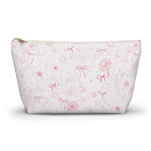 Coquette Makeup Bag, Pink Bows Toiletry Bag, Pink Coquette Cosmetic Bag, flowers bows pencil pouch, gifts for her, girly makeup pouch