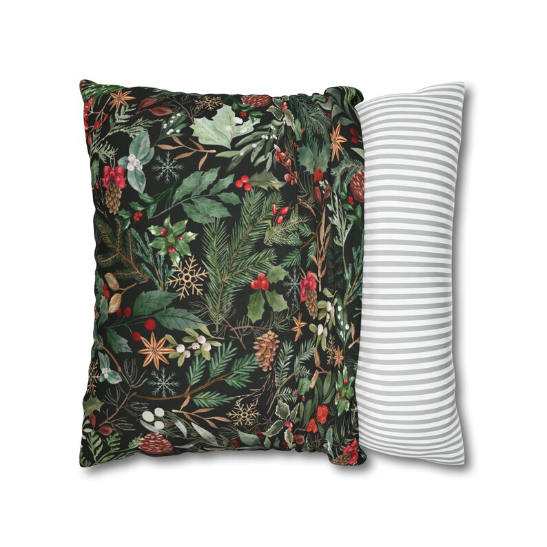 Winter Pillow Cover, Holly Pine Pillow Cover, Watercolor Winter Pillow Cover 18x18, Forest Green Botanical Pillow Case, Winter leaves decor image 7