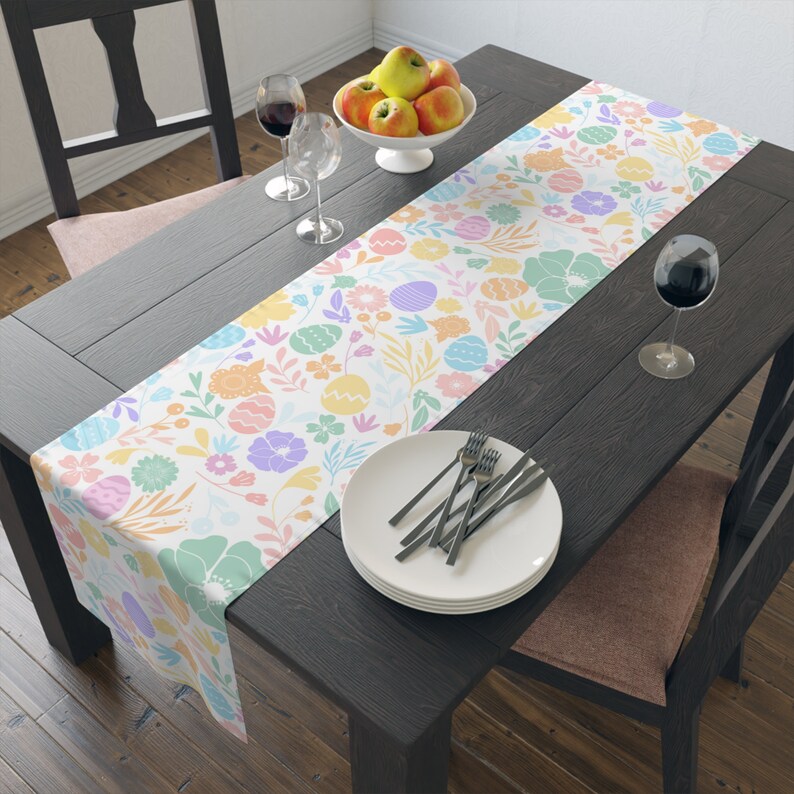 Easter Table Runner, Easter Table Decor, Pastel Easter Dining Table Runner, Easter Eggs Flowers Table Runner, Easter Tablecloth image 5