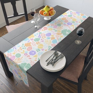 Easter Table Runner, Easter Table Decor, Pastel Easter Dining Table Runner, Easter Eggs Flowers Table Runner, Easter Tablecloth image 1