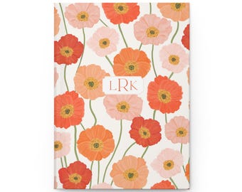 Customized Floral Journal, Monogram Poppy notebook, Personalized Flower Journal, pink red poppies name journal, graduation gifts for her