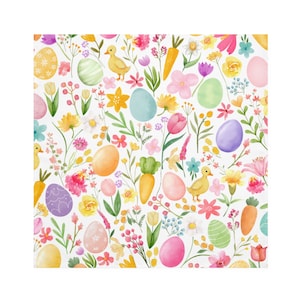 May include: A seamless pattern featuring watercolor illustrations of Easter eggs in various colors, yellow ducklings, carrots, and colorful flowers on a white background.