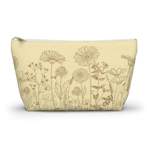 Yellow Wildflower Makeup Bag, Yellow Brown Flower Toiletry Bag, Boho Flower Pencil Pouch, Gifts for her, yellow boho floral cosmetic bag