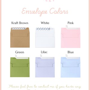 Peut inclure: Image pr&eacute;sentant des options de couleurs d'enveloppes : Brun Kraft, Blanc, Rose, Vert, Lilas et Bleu. Le texte "Couleurs d'enveloppes" est affich&eacute;, ainsi que le logo de la boutique et la phrase "N'h&eacute;sitez pas &agrave; me contacter si vous avez des questions. Merci de visiter ma boutique !"