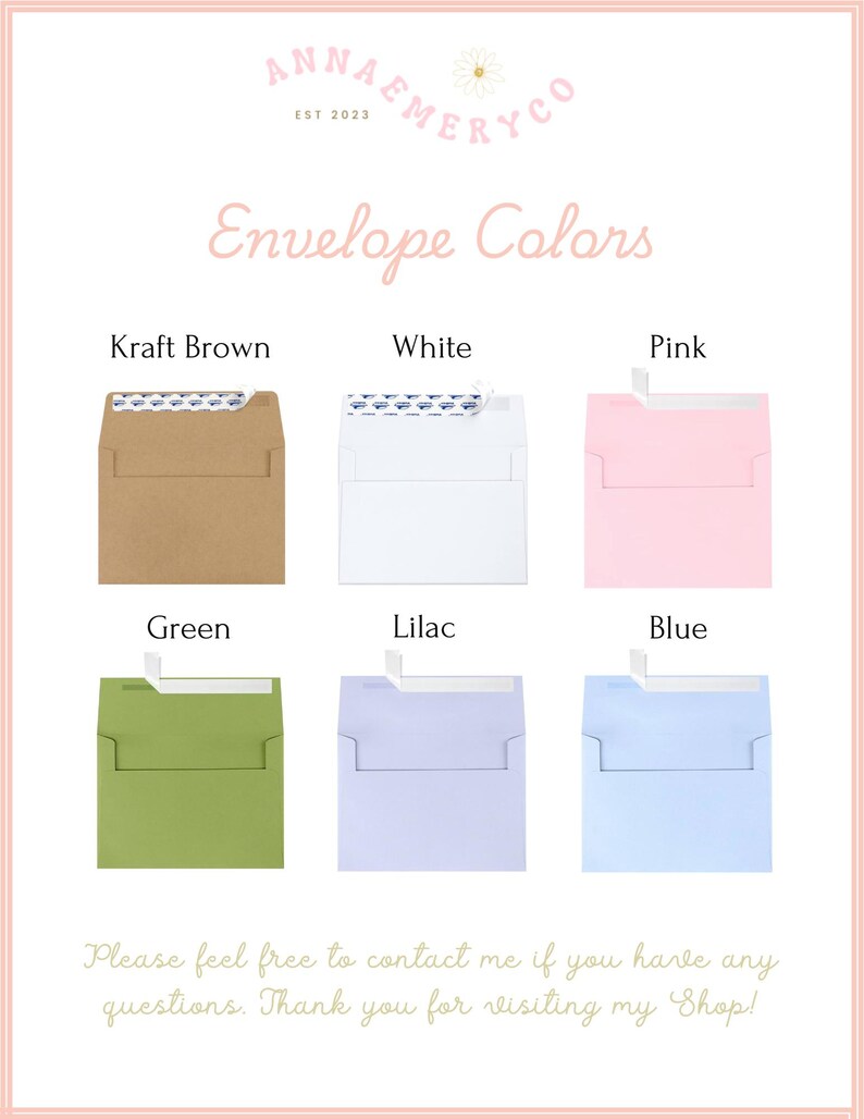 Peut inclure: Image pr&eacute;sentant des options de couleurs d'enveloppes : Brun Kraft, Blanc, Rose, Vert, Lilas et Bleu. Le texte "Couleurs d'enveloppes" est affich&eacute;, ainsi que le logo de la boutique et la phrase "N'h&eacute;sitez pas &agrave; me contacter si vous avez des questions. Merci de visiter ma boutique !"