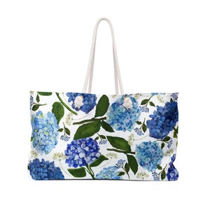Bolsa de fin de semana con hortensias, bolsa de viaje con flores azules, bolsa de fin de semana de verano con flores, bolsa de viaje con hortensias, bolsa de playa con hortensias azules, regalo para mamá