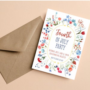 May include: A white invitation card with a floral border in shades of red, blue, and green. The text reads "Fourth of July Party" with the date and time of the party below. RSVP information is also included.