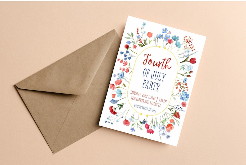 May include: A white invitation card with a floral border in shades of red, blue, and green. The text reads "Fourth of July Party" with the date and time of the party below. RSVP information is also included.