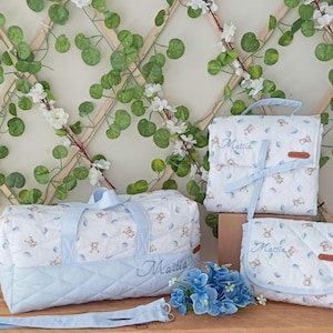 Può includere: Un set di tre borse per bambini in un'accostamento di colori blu chiaro e bianco con un design trapuntato. Le borse presentano una piccola stampa di orso e il nome "Mattia" ricamato su ogni borsa.