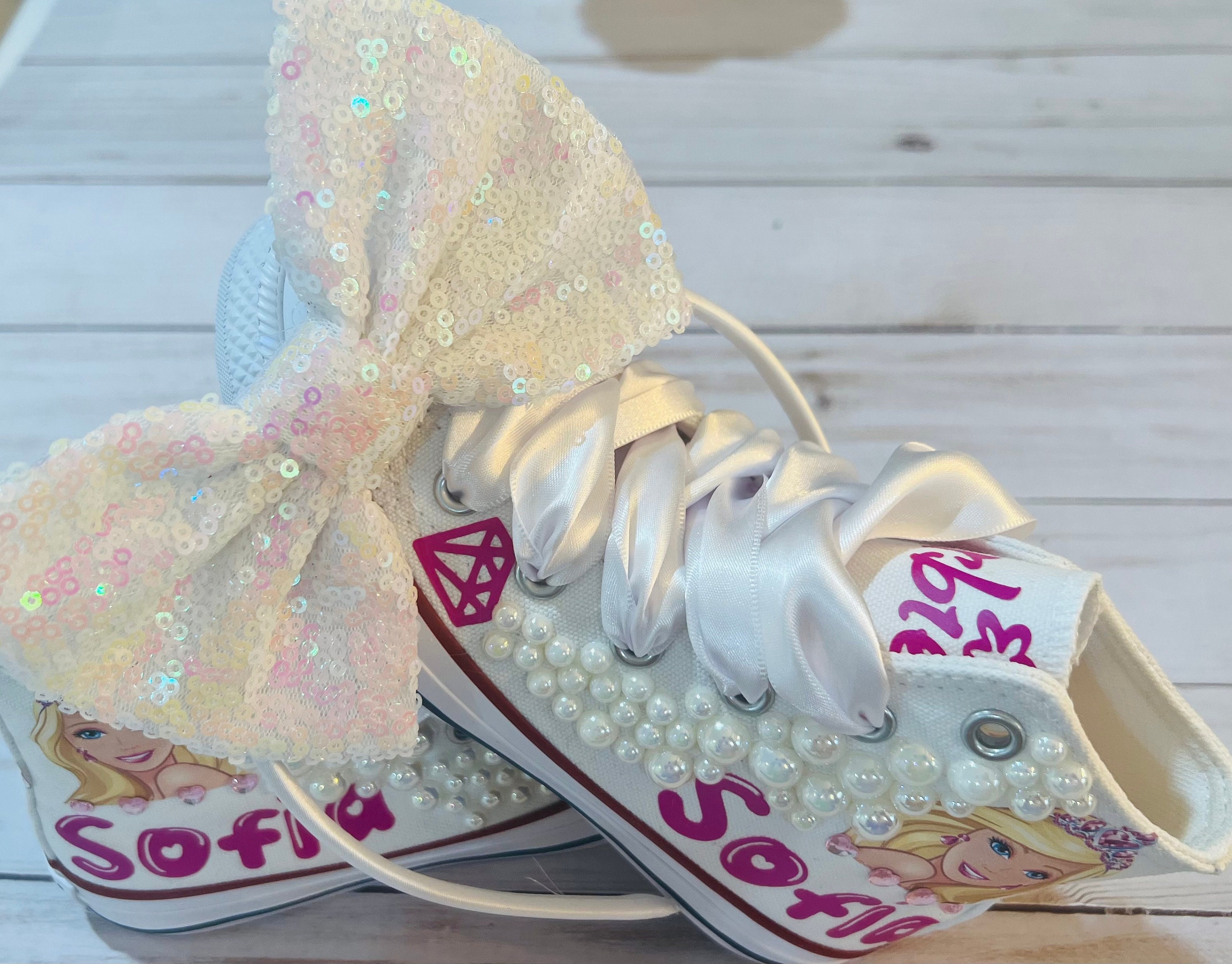 Barbie shoes- Barbie bling Converse-Girls Barbie Shoes – Pink Toes & Hair  Bows
