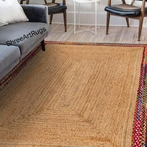 Tapis en jute tissé à la main : style indien vintage, double bordure noire