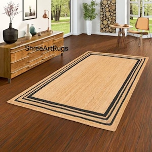 Tapis en jute tissé à la main : style indien vintage, double bordure noire