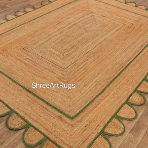 Handwoven Jute Kilim Rug: Border Scalloped Natural Fiber Area Rug