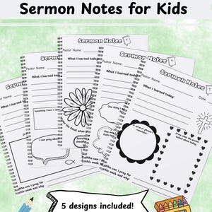 May include: Printable sermon notes for kids. The image shows five spiral-bound notebooks with fill-in-the-blank prompts. The notebooks have various designs, including a flower, a cross, and speech bubbles. A blue pencil and a box of crayons are also visible.