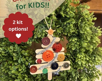 May include: A Christmas tree ornament craft kit featuring wooden popsicle sticks, assorted colorful buttons, and silver tinsel. The text reads: Button Christmas Tree Ornament Kit for KIDS!! 2 kit options! HANDS-ON FUN, BUILDS CREATIVITY, PERFECT FOR HOME, SCHOOL & CHURCH, ENCOURAGES FAITH & LEARNING.