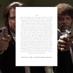 May include: A still from the film Pulp Fiction (1994) featuring Jules and Vincent Vega, with text from Ezekiel 25:17. The actors are holding firearms, and the text is in a white box. Directed by Quentin Tarantino.