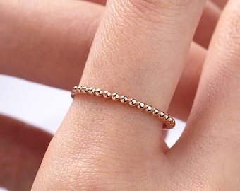 14K Yellow Gold Wedding Band Ring, Dainty Minimalist Stackable Ring for Women, 1 MM Gold Beaded Ring, 14K Gold Dotted, Gold Ball Ring