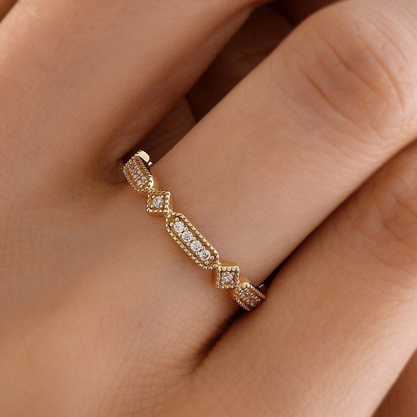 14k Gold Geometric Wedding Band, Solid Gold Stackable Ring Women, Simple Ring, Everyday Ring in Yellow Rose White Gold, CZ Stacking Ring