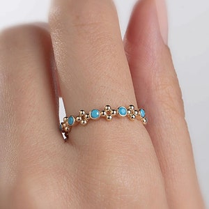 14K Solid Gold Turquoise Beaded Ring, Natural Turquoise Band Ring, Dainty Stackable Gold Ring, 14K Wedding Ring Women, Christmas Jewelery