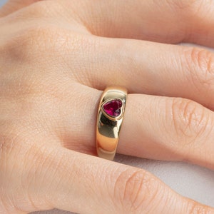 14K Solid Gold Ruby Heart Bold Dome Ring, Genuine Red Ruby Engagement Ring, Chunky Ruby Heart Dome Ring, Statement Ring for Women