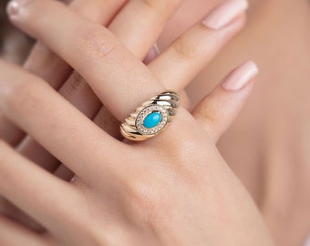 14K Solid Gold Turquoise Croissant Ring, 14K Gold Twisted Dome Ring, Genuine Turquoise Ring, Gold Chunky Ring, Thick Band Ring Real Gold