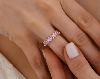 Solid Gold Pink Sapphire Wedding Band for Women, Pink Sapphire Gemstone Anniversary Ring, Half Eternity September Birthstone Ring, 8 Stone