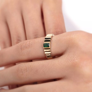 14K Solid Gold Emerald Dome Ring, Gold Thick Band Ring, Dainty Gold Dome Ring, Real Gold Dome Ring, Emerald Cut May Birthstone Ring