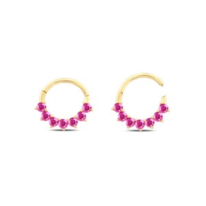 Dainty 7 Round Ruby Cartilage Clicker Earring, 14K Solid Gold Hoop Piercing, Gemstone Minimal Huggies, Ruby Cartilage Piercing