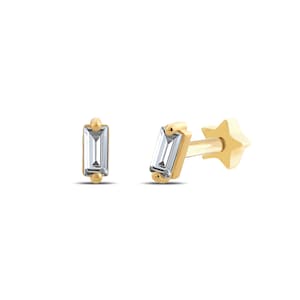 14K Solid Gold Single Baguette Piercing, Gold Tragus Piercing, Cartilage Baguette Piercing, Helix Piercing, Screw Back Ear Stud, Real Gold