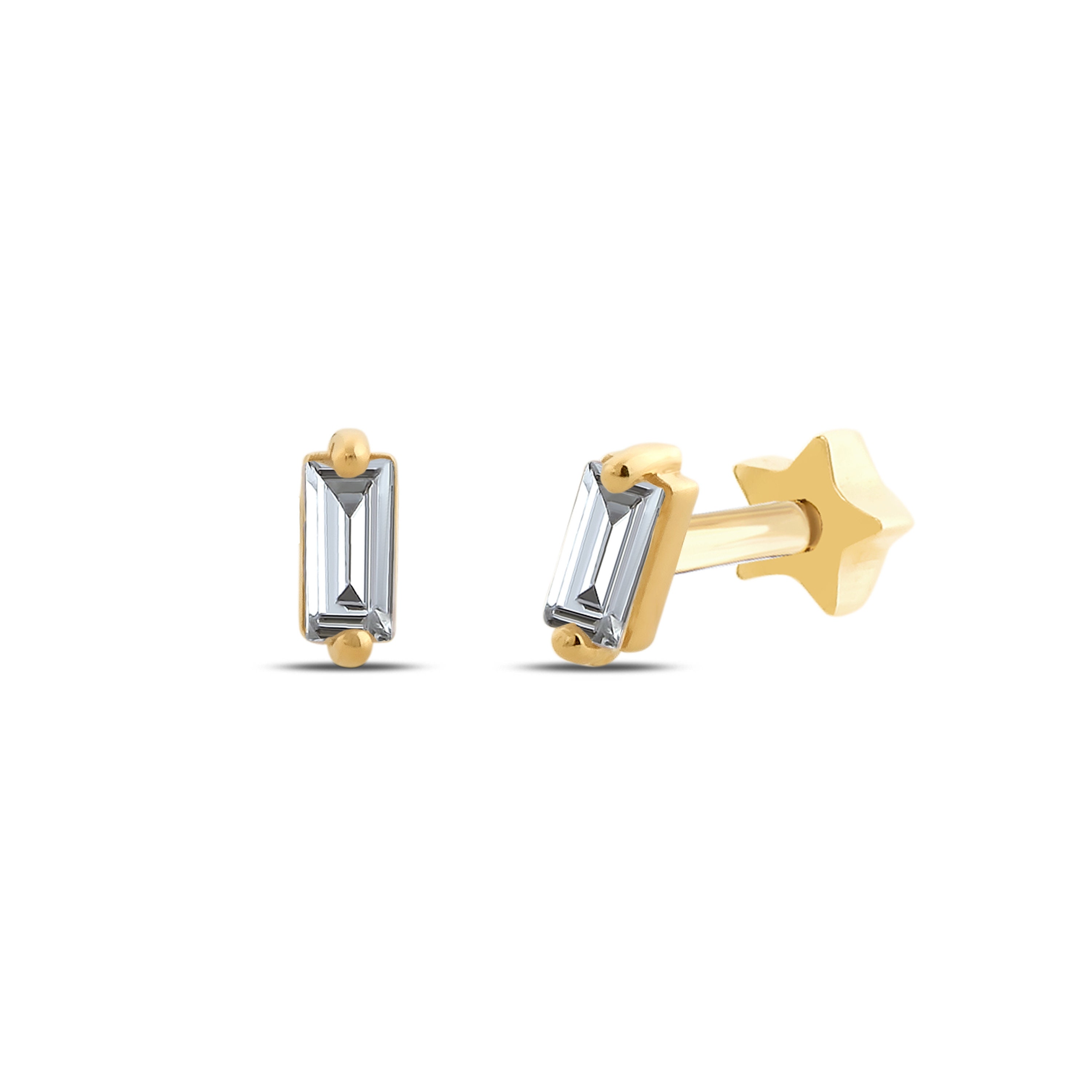 14K Solid Gold Single Baguette Piercing, Gold Tragus Piercing, Cartilage Baguette Piercing, Helix Piercing, Screw Back Ear Stud, Real Gold