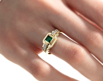 14K Solid Gold Emerald Ring, 14K Gold Emerald Engagement Ring, Square Cut Natural Emerald Ring, Emerald Gemstone Ring for Women, Real Gold