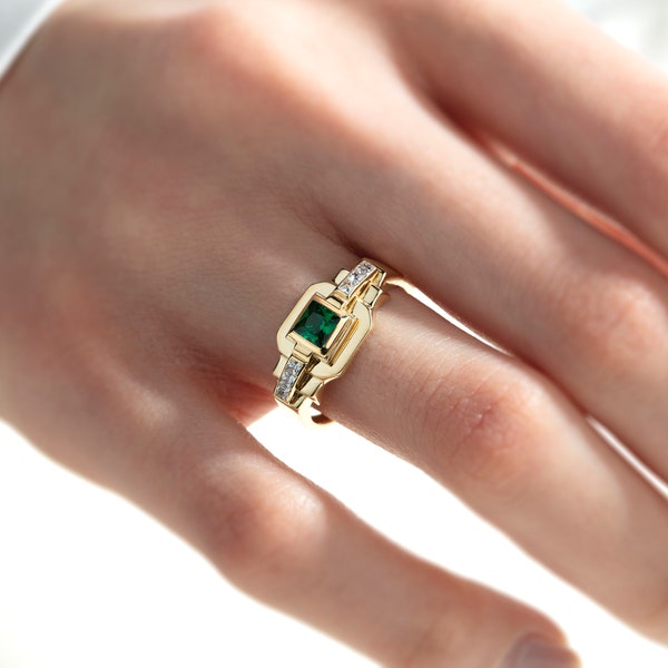 14K Solid Gold Emerald Ring, 14K Gold Emerald Engagement Ring, Square Cut Natural Emerald Ring, Emerald Gemstone Ring for Women, Real Gold