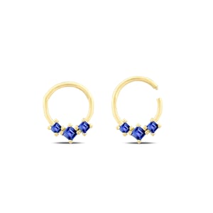 14K Solid White Rose Yellow Gold, Trio Round Cut Sapphire Clicker Huggie Hoop Cartilage Earring Conch Hoop Helix Hoop, 16g Piercing Jewelry