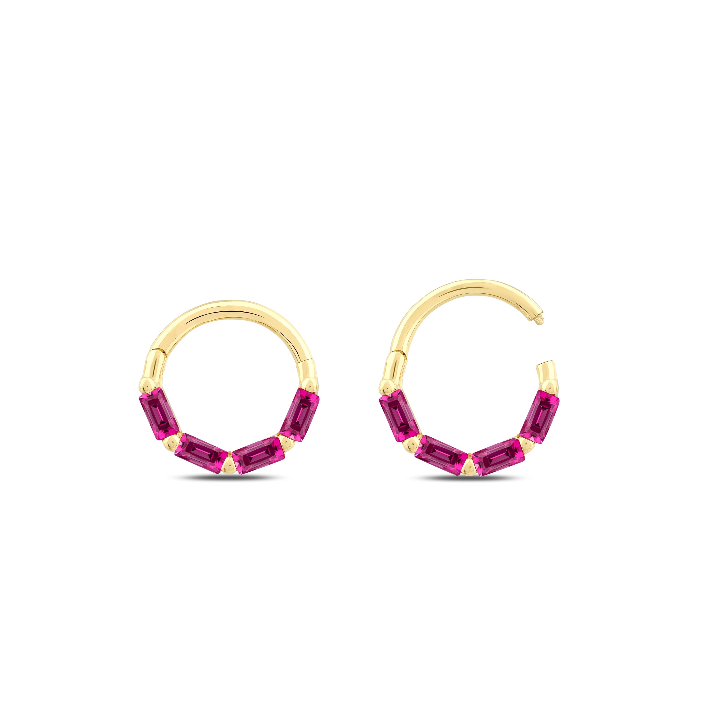 Dainty Baguette Cut Ruby Hoop Earring, 14K Solid Gold Huggies Hoop Earring, Genuine Ruby Daith Piercing, Cute Conch Earing, Anniversary Gift