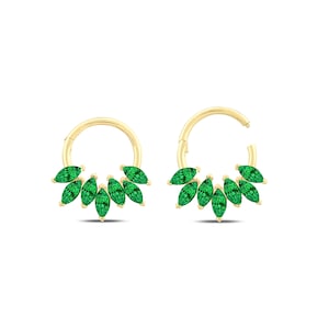 Natural Emerald Minimal Hoop Earrings, 14K Gold Cartilage Earring, Genuine Marquise Cut Emerald Hoop Earring, Everday Piercing for Women