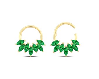 Natural Emerald Minimal Hoop Earrings, 14K Gold Cartilage Earring, Genuine Marquise Cut Emerald Hoop Earring, Everday Piercing for Women