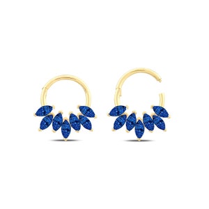 14K Solid White Rose Yellow Gold, Marquise Cut Sapphire Clicker Huggie Hoop Cartilage Earring Conch Hoop Helix Hoop, 16g Piercing Jewelry