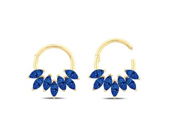 14K Solid White Rose Yellow Gold, Marquise Cut Sapphire Clicker Huggie Hoop Cartilage Earring Conch Hoop Helix Hoop, 16g Piercing Jewelry