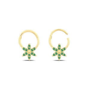 Flower Shape Emerald Hoop Daith Earrings, 14K Solid Gold Rook Huggie Piercing, Minimal Everyday Conch Hoop, Gift for Her, Flower Earring