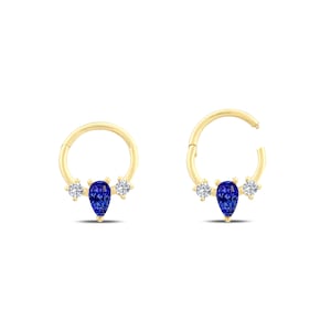 Drop Natural Sapphire Hoop Earrings, 14K Solid Gold Pear Shaped Sapphire Hoop Clicker, Teardrop Huggie Cartilage Earring, Conch Piercing
