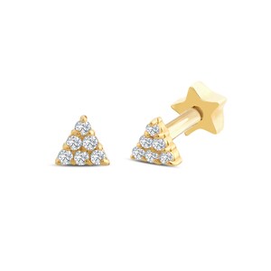 Triangle Cartilage Earring, 14K Solid Gold Minimal Pave Setting Tragus Piercing, Screw Back Tragus Piercing, Tiny Helix Piercing, Real Gold