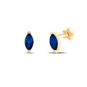 Genuine Sapphire Cartilage Earring, 14K Solid Gold Marquise Natural Gemstone Helix Piercing, Tragus Piercing, Screw Back Cartilage Piercing