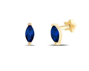 Genuine Sapphire Cartilage Earring, 14K Solid Gold Marquise Natural Gemstone Helix Piercing, Tragus Piercing, Screw Back Cartilage Piercing