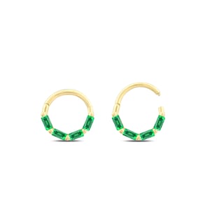Emerald Baguette Dainty Cartilage Earring, Gold Nose Piercing, 14K Solid Gold Cartilage Huggies, Daith Hoop Piercing, Everyday Conch Earring