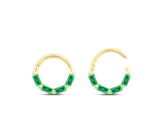 Emerald Baguette Dainty Cartilage Earring, Gold Nose Piercing, 14K Solid Gold Cartilage Huggies, Daith Hoop Piercing, Everyday Conch Earring
