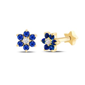 Genuine Sapphire Flower Design Tragus Piercing, 14K Screw Back Piercing, Sapphire Helix Piercing, Dainty Conch Studs Earring for Wedding